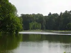 Grand Parc, vue sur l'île des Peupliers depuis la rive est de l'étang.