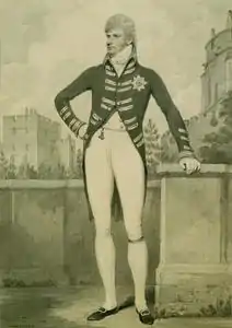Gravure représentant un jeune homme en uniforme et perruque.