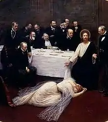 Tableau représentant un banquet avec de nombreux personnages. Le Christ et Marie Madeleine sont entourés de personnages peints sous les traits des écrivains de l'époque.