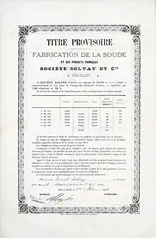 Certificat global de 100 obligations n° 1-100 de 500 francs chacune de la Société Solvay & Cie, émises le 1er mai 1874 à Ernest Solvay et signées de sa propre main en tant que gérant principal. L'emprunt d'un total de 600.000 francs, portant intérêt à 6%, a été contracté pour la réalisation d'une usine à Dombasle-sur-Meurthe.