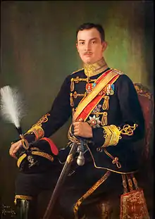 Portrait peint d'un homme assis, vêtu d'une tenue militaire
