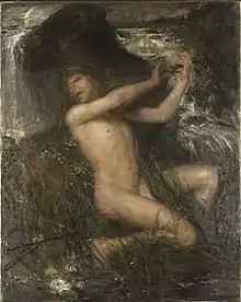 Tableau représentant un jeune homme nu, jouant du violon, à côté d'un cours d'eau.