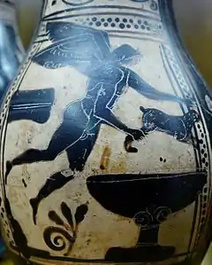 Eros en vol tenant un lièvre, olpé à figures noires (début Ve siècle av. J.-C.).