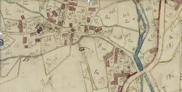 Extrait du plan cadastral napoléonien de 1809 : centre du village. Noter l'emplacement de l'église d'alors.