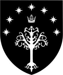 "Armoiries royales du Gondor : sur fond de sable, un arbre d'argent surmonté de sept étoiles et d'une triple couronne ailée de même"