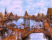 Dessin en couleur montrant des maisons en bois reliées par des pontons, sur un lac