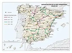 Carte de l’implantation du réseau ferroviaire (1848-1900).