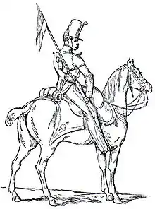 Un cavalier sur sa monture, armé d'une lance, de profil.