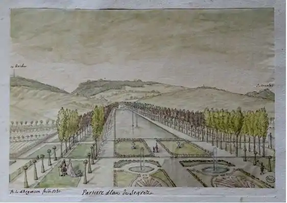 Aquarelle réalisée par le marquis d'Argenson en 1751 conservée à la bibliothèque de l'Arsenal. Le jardin à la française vu depuis le château de Segrez.