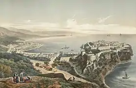 Vue sur Monaco et sa gare, vers 1870.