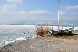 Le lac de Neuchâtel à Estavayer-le-Lac par exceptionnel grand froid (−10 °C) et bise soutenue, baie prise par la glace, février 2012.