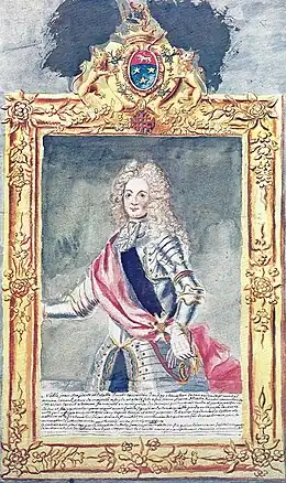 dans un cadre doré, portrait d'un noble, en armure et perruque de style Louis XIV. Il porte divers attributs du pouvoir.