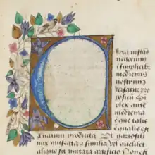Détail d'une page de manuscrit, une grande lettrine « C » bleue sur un fond or, de la hauteur de onze lignes de texte, est bordée à gauche d'une frise colorée de fleurs, feuilles et oiseaux.