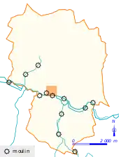 Carte en couleurs matérialisant l'emplacement d'anciens moulins sur le cours de rivières.