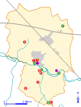 Carte montrant par des repères de couleurs l'emplacement de lieux remarquables d'un territoire.