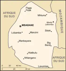 Carte de l'Eswatini. La frontière avec le Mozambique est située sur l'est du pays.