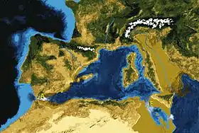 Vue d'artiste de l'inondation de la Méditerranée par le détroit de Gibraltar (A) et le détroit de Sicile (F).