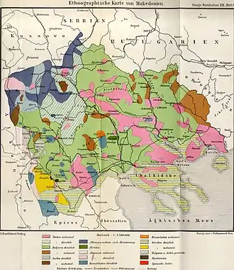 Carte ethnologique et religieuse de la Macédoine montrant les Slavo-Macédoniens comme Bulgares