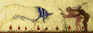 VI. Fresque étrusque montrant Achéloos sous la forme d'un taureau chargeant Héraclès, v. 550 av. J.-C.