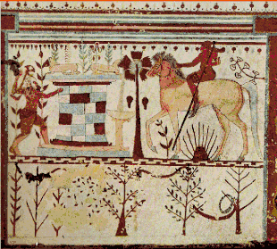 Fresque murale en couleur, un homme équipé en hoplite et un cavalier portant une longue lance.