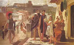 Peinture représentant un jeune homme en toge offrant un objet à deux hommes avec un armurier au travail derrière. On voit en arrière plan la représentation d'une cité antique avec des fortifications.
