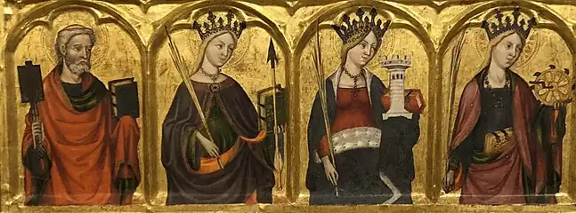 Prédelle gauche : saint Pierre, sainte Ursule, sainte Barbe et Catherine d'Alexandrie