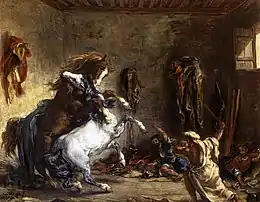 Eugène Delacroix, Chevaux arabes s'affrontant à l'écurie, 1860.