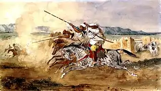 Tableau d'Eugène Delacroix, représentant des cavalier exécutant une fantasia
