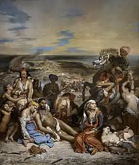 célèbre tableau XIXe : des corps agonisants au premier plan ; à droite un soldat moustachu sur un cheval cabré ; au loin des villages en flammes
