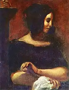Portrait peint d'une femme cousant, elle porte une robe noire