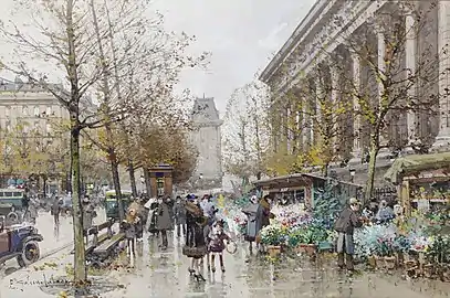 Eugène Galien-Laloue, Paris, marché aux fleurs à la Madeleine (vers 1910), localisation inconnue.