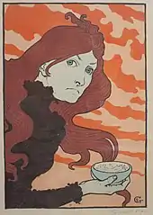 Lithographie montrant une femme rousse habillée en noir qui semble être prête à lancer le contenu d'un bol.