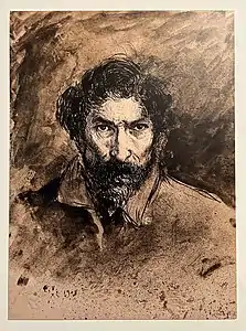 Sérigraphie d'après le dessin intitulé Autoportrait 1908. Plume, lavis et rehauts d’aquarelle, collection particulière.