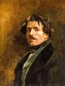 Portrait peint d'un homme moustachu portant une veste sombre et gilet vert