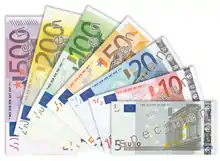 Éventail des billets de la première série par ordre de valeur : le plus gros, de 500 euros, en dessous de tous en haut à gauche ; le plus petit, de 5 euros, au-dessus en bas à droite.
