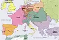 Carte suisse de l'Europe en 1800, occultant complètement l'existence des principautés roumaines, figurées comme de simples provinces turques, tandis que d'autres États vassaux de l'Empire ottoman, comme la Tunisie ou l'Algérie, apparaissent comme indépendants.
