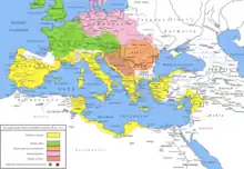 La république romaine (en jaune) avant la conquête des Gaules en -58 av. J.-C.