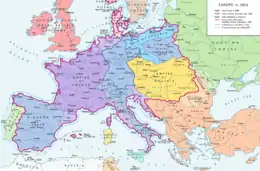 L’Empire à son apogée en 1812 : en violet, la France ; en bleu, ses territoires vassaux. La ligne rouge représente la sphère d'influence française à la veille de l'invasion de la Russie.