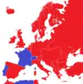Carte des régimes politiques en 1914 en Europe. Républiques en bleu, monarchies en rouge.