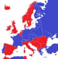 Carte des régimes politiques en 1930 en Europe. Républiques en bleu, monarchies en rouge.