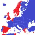 Carte des régimes politiques en 1950 en Europe. Républiques en bleu, monarchies en rouge.