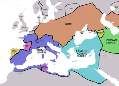 Royaume des Wisigoths (en rose) et Empire romain occidental (violet) vers 450 apr. J.-C.
