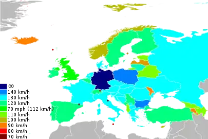 Carte des limitations de vitesse en Europe sur autoroute