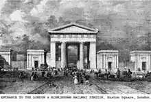 L'« Arc d'Euston » : entrée d'origine de la gare d'Euston, telle qu'élargie vers 1851.