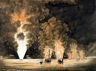 L'incendie des vaisseaux français lors du siège de Toulon. Le Héros fait partie des huit bâtiments détruits par les Anglais en décembre 1793.