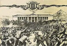 Représentation de l'émeute du 8 novembre 1901, point culminant de la crise évangélique.