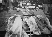 Photographie en noir et blanc d'Edgar Evans et de Tom Crean réparant des sacs de couchage.