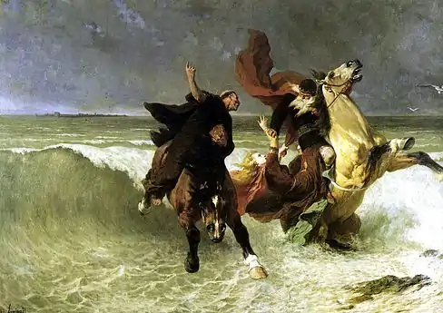 Deux cavaliers au galop sur les vagues de la mer, celui de droite tente de rattraper une jeune fille qui tombe dans les flots.