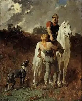 Un vertragus dans : Gaulois revenant de la chasse (huile sur toile d'Évariste-Vital Luminais, 1906 — Musée des beaux-arts de Rennes)