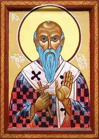 Icône de style orthodoxe d'un homme chauve avec une longue barbe pointue, dont la tête est couronnée d'un nimbe, sur fond doré.